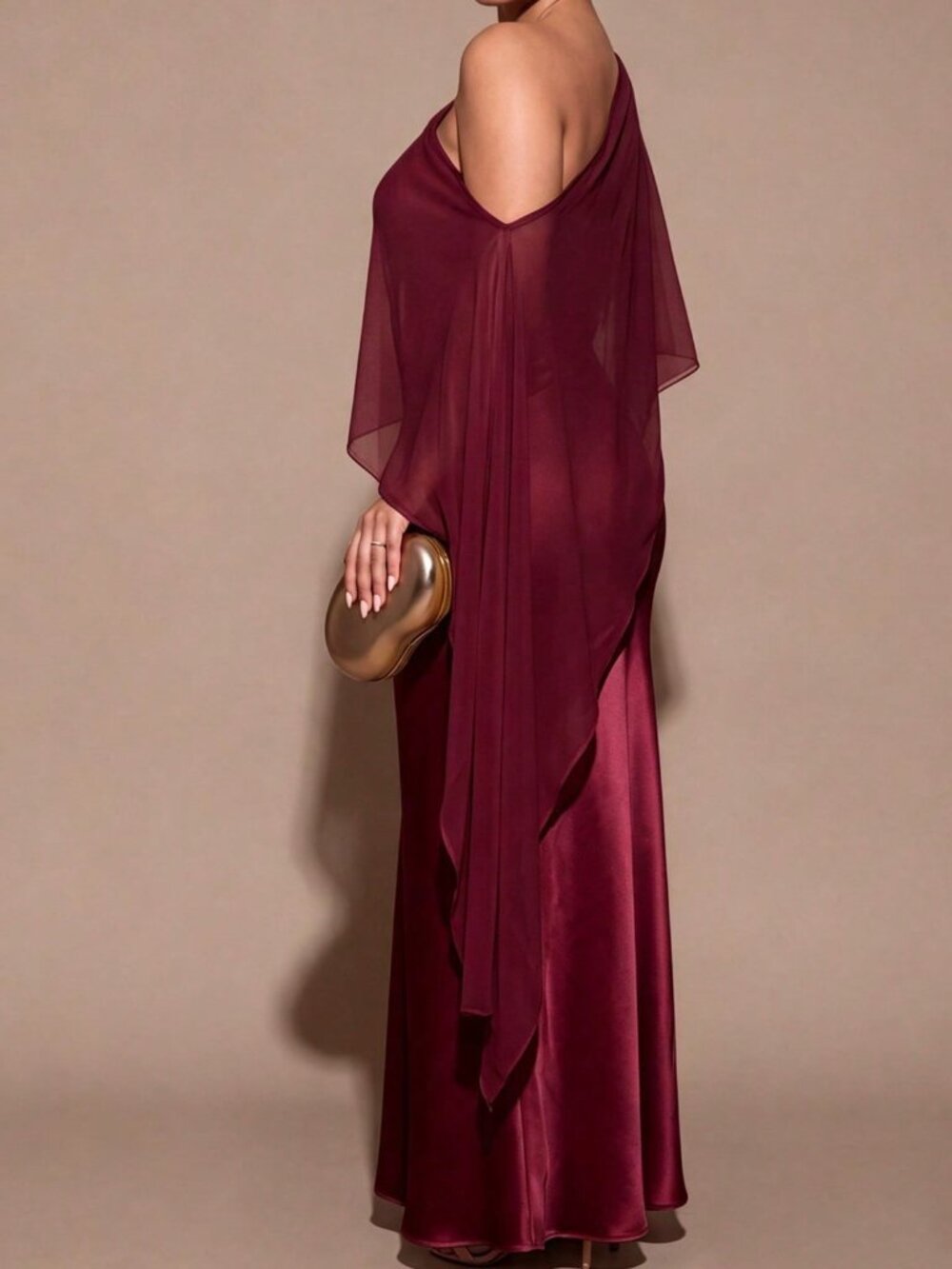 Burgundy Party Women's Plus Size Long Asymmetrical Shoulder Dress - Picture 2 of 7